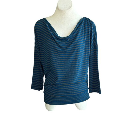 Michael Stars Teal Blue and Gray Striped Slouchy Long Sleeve Cotton Modal Top OS - Picture 3 of 10